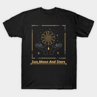 Spiritual Sun,Moon and Stars Hands Holding The Sun Design T-Shirt